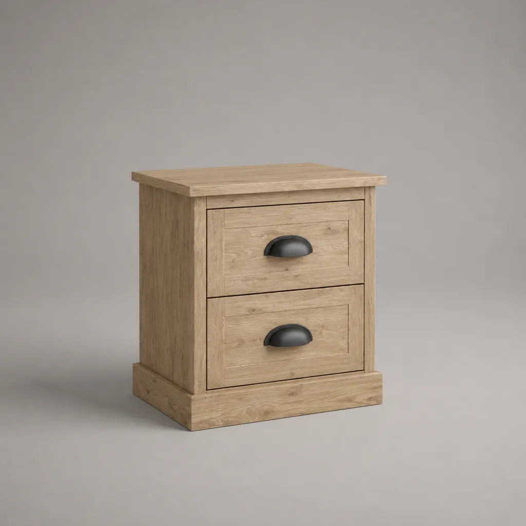 Nachttisch aus Spanplatte und MDF mit 2 Schubladen, Eiche Natur und Schwarz, 45 × 40 × 55 cm