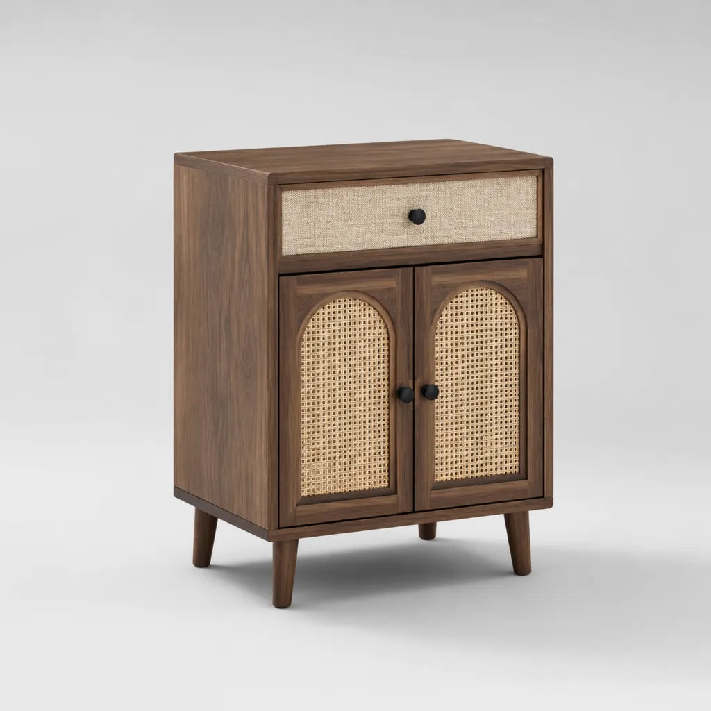 Nachttisch aus MDF mit Schublade und 2 Rattantüren, Walnussbraun/Beige/Schwarz, 60 × 35 × 75 cm