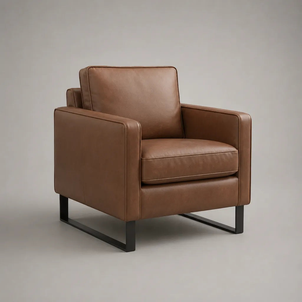 Loungesessel aus cognacbraunem PU-Leder mit schwarzem Stahlgestell, 78 × 83 × 82 cm
