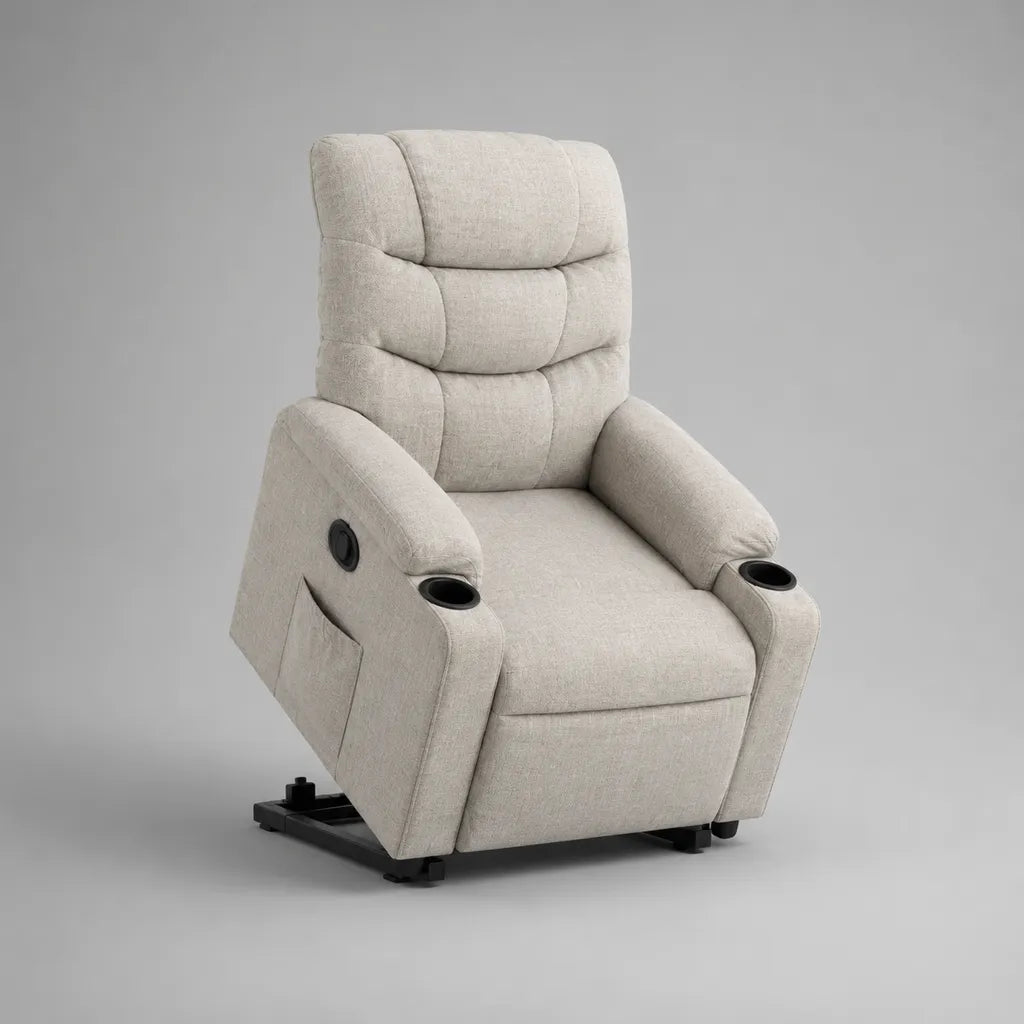 Elektrischer Aufstehsessel mit Liegefunktion, 2 Getränkehaltern, Polyestergewebe, Beige, 88 × 95 × 105 cm