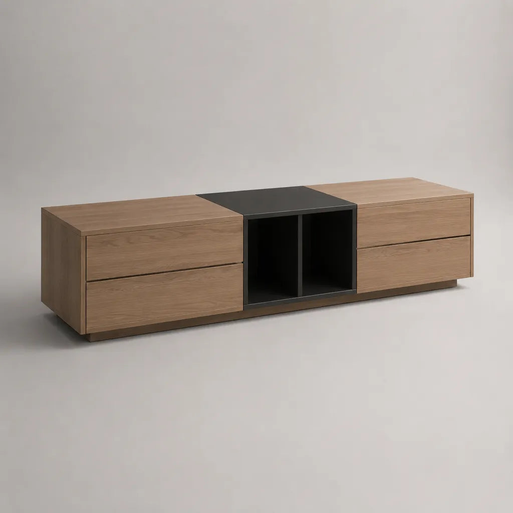 TV-Lowboard aus MDF mit Eichenfurnier, 4 Schubladen und 2 offenen Fächern, Eiche Natur/Schwarz, 180 × 40 × 55 cm