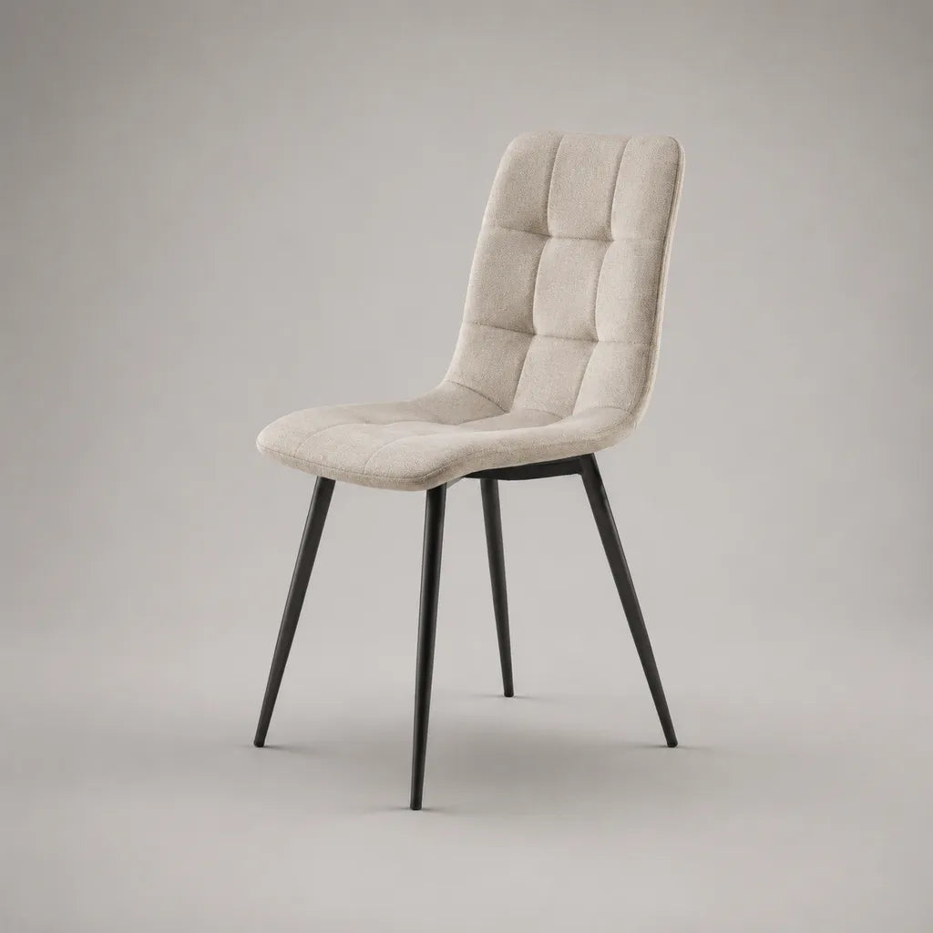 Gepolsterter Esszimmerstuhl mit hoher Rückenlehne, Polyesterbezug und Stahlgestell, Beige/Schwarz, 49 × 56 × 87 cm