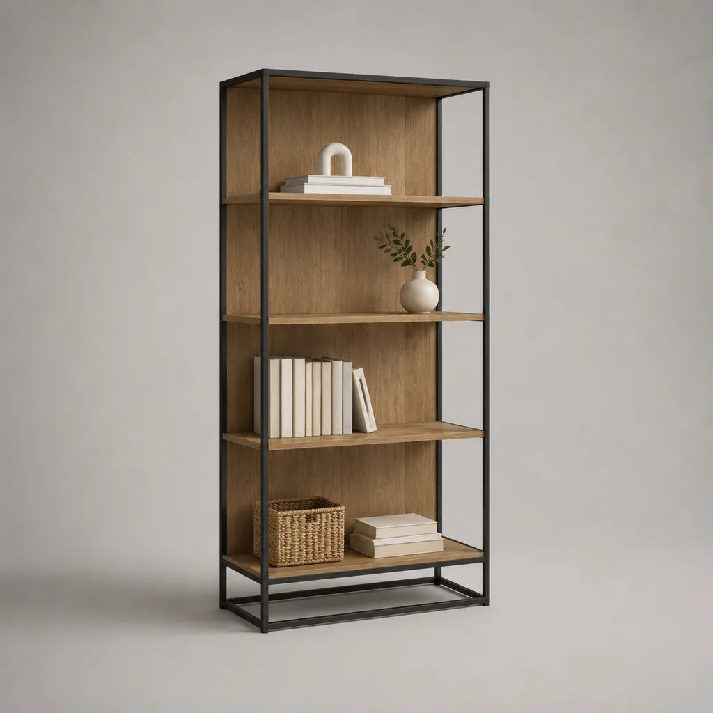 Bücherregal Standregal aus melaminbeschichteter Spanplatte und Stahl, Eichefarben/Schwarz, 80 × 30 × 180 cm