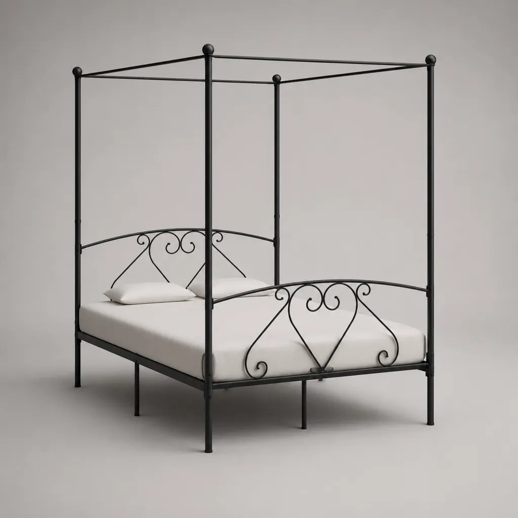 Himmelbett aus Metall, schwarzes Stahlbettgestell, Liegefläche 140 × 200 cm, Gesamtmaß 208 × 146 × 210 cm