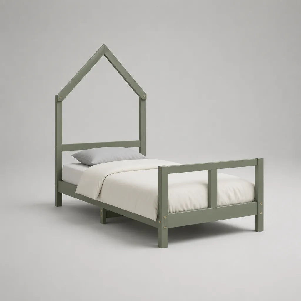 Kinderbett Hausbett mit Lattenrost aus massivem Kiefernholz, Liegefläche 90 × 200 cm, Gesamtmaß 207 × 98 × 180 cm, Salbeigrün