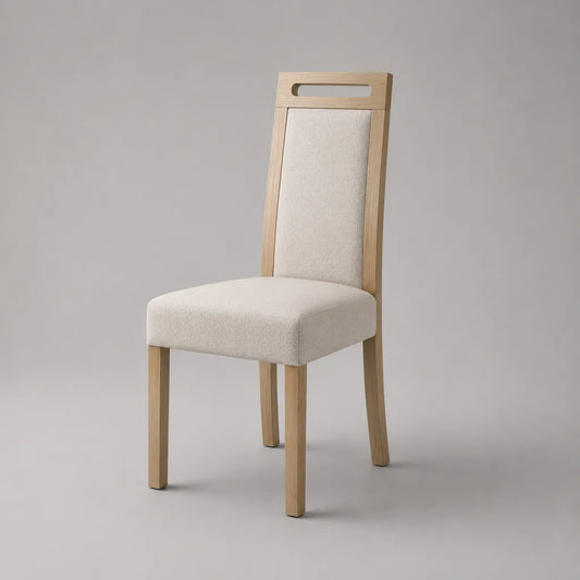 Gepolsterter Esszimmerstuhl aus massivem Gummibaumholz mit Stoffbezug, Beige/Natur, 45 × 53 × 98 cm