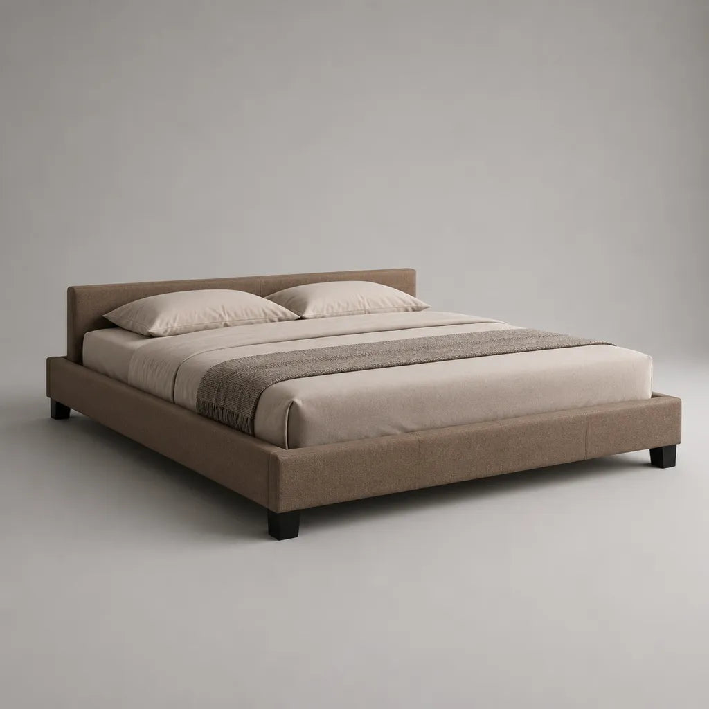 Polsterbett Doppelbett mit Polyesterbezug und Holzlattenrost, Liegefläche 180 × 200 cm, Gesamtmaß 191 × 215 × 91 cm, Taupe mit schwarzen Füßen