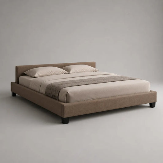 Polsterbett Doppelbett mit Polyesterbezug und Holzlattenrost, Liegefläche 180 × 200 cm, Gesamtmaß 191 × 215 × 91 cm, Taupe mit schwarzen Füßen