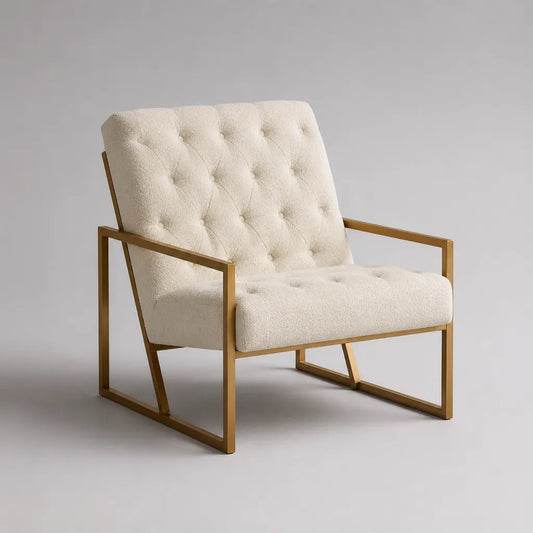 Loungesessel mit Armlehnen, Polyester-Bouclé und Stahlgestell, Creme/Gold, 78 x 82 x 91 cm