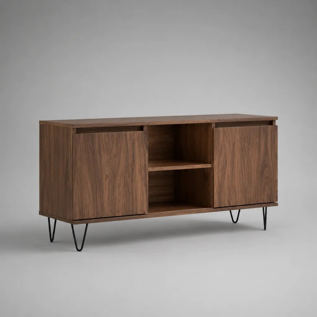 TV-Lowboard aus MDF mit Walnussfurnier, 2 Türen und 2 offenen Fächern, Braun/Schwarz, 150 × 40 × 75 cm