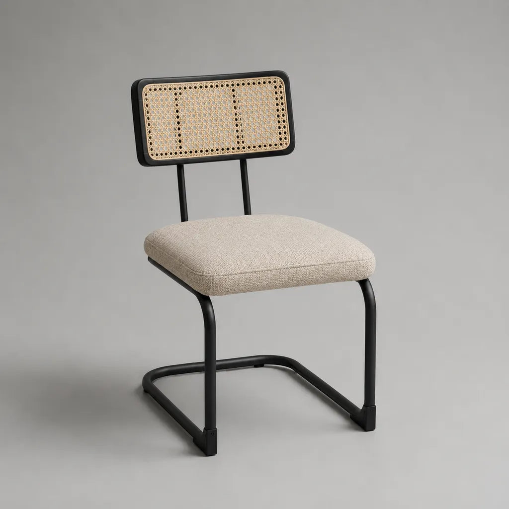 Esszimmerstuhl mit Rattangeflecht und Polstersitz, Stahlrohrgestell, Beige/Natur/Schwarz, 49 × 55 × 81 cm