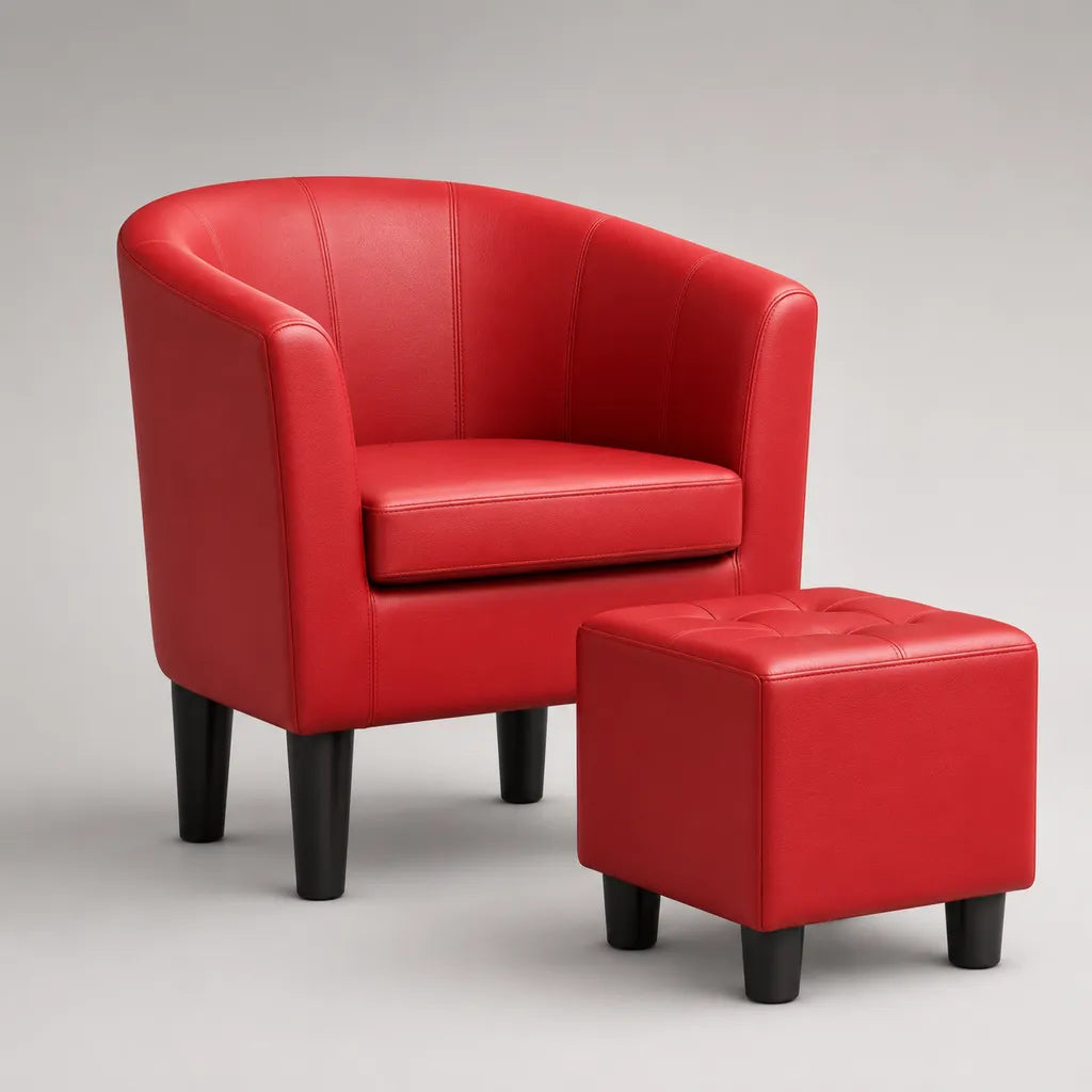 2-teiliges Clubsessel-Set mit Hocker aus rotem PU-Kunstleder, Sessel 70 × 65 × 76 cm, Hocker 43 × 43 × 39 cm