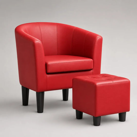 2-teiliges Clubsessel-Set mit Hocker aus rotem PU-Kunstleder, Sessel 70 × 65 × 76 cm, Hocker 43 × 43 × 39 cm