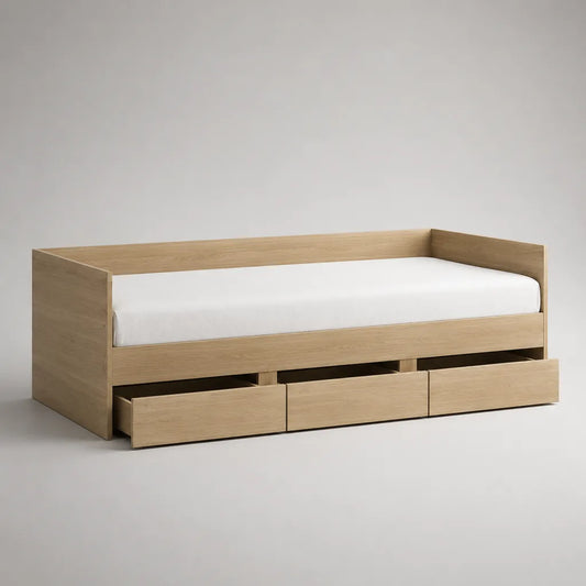 Tagesbett mit 3 Schubladen aus Holzwerkstoff mit Eichenfurnier, Eiche Natur, 205 × 96 × 76 cm, Liegefläche 90 × 200 cm