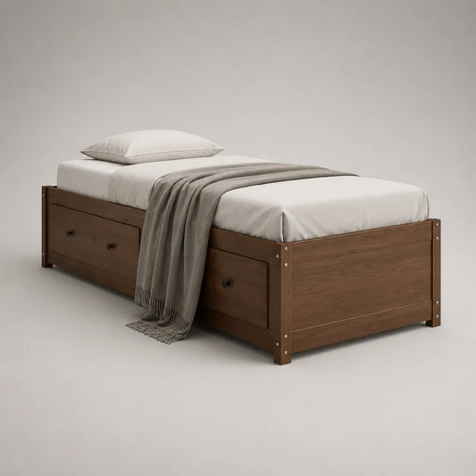 Einzelbett mit 2 Schubladen, Bettgestell aus massivem Kiefernholz, Walnussbraun, Liegefläche 90 × 200 cm