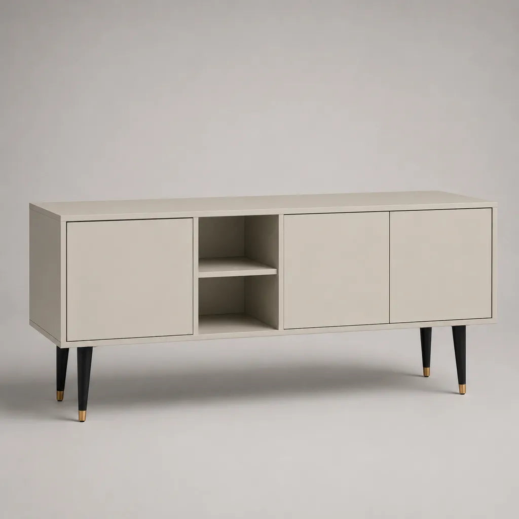 TV-Lowboard aus MDF mit 3 Türen und 2 offenen Fächern, Beige/Schwarz/Messingfarben, 160 × 40 × 75 cm