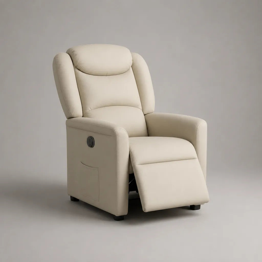 Elektrischer Relaxsessel aus PU-Kunstleder mit hoher Rückenlehne und Fußstütze, Beige, 76 × 90 × 105 cm