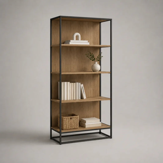 Bücherregal Standregal aus melaminbeschichteter Spanplatte und Stahl, Eichefarben/Schwarz, 80 × 30 × 180 cm