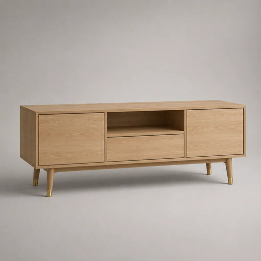 TV-Lowboard Fernsehtisch aus MDF mit Eichenfurnier, Natur und Goldfarben, 160 x 40 x 60 cm