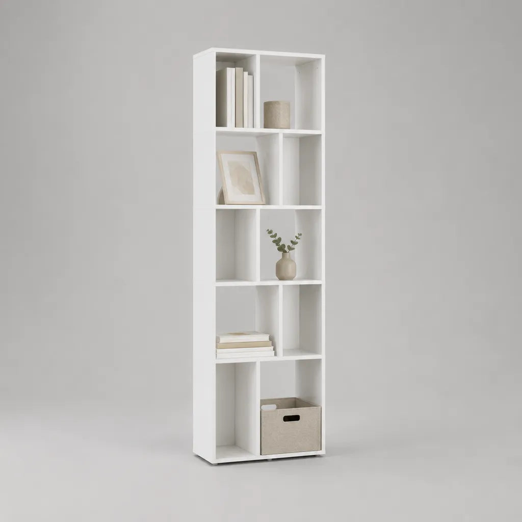 Bücherregal mit 10 Fächern aus melaminbeschichteter Spanplatte, Weiß, 60 × 24 × 180 cm