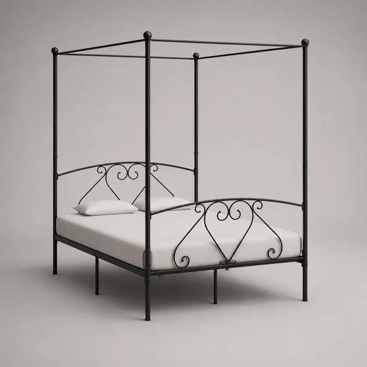 Himmelbett aus Metall, schwarzes Stahlbettgestell, Liegefläche 140 × 200 cm, Gesamtmaß 208 × 146 × 210 cm