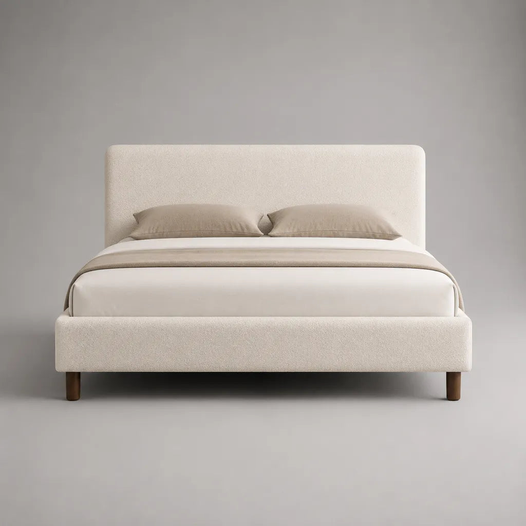 Polsterbett Doppelbett mit Bouclé-Stoffbezug und Lattenrost, Creme und Braun, Liegefläche 160 × 200 cm